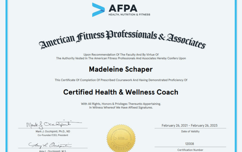 Certification of Completion Health and Wellness Coach